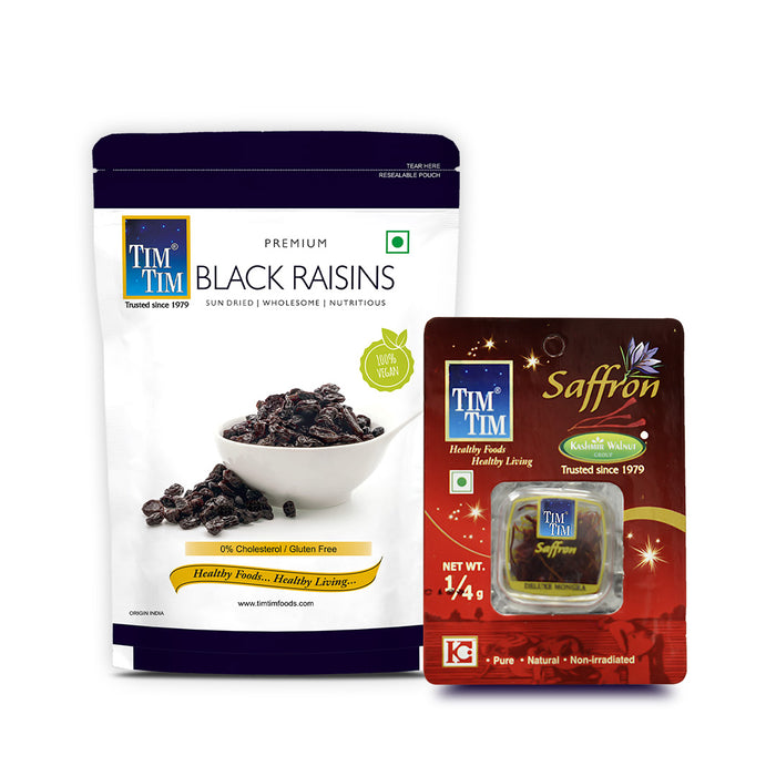 Premium Black Raisins 1Kg (200g X 5) | Black Kismis | Raisins + Get Tim Tim Saffron Quarter Gram, worth Rs. 155/-