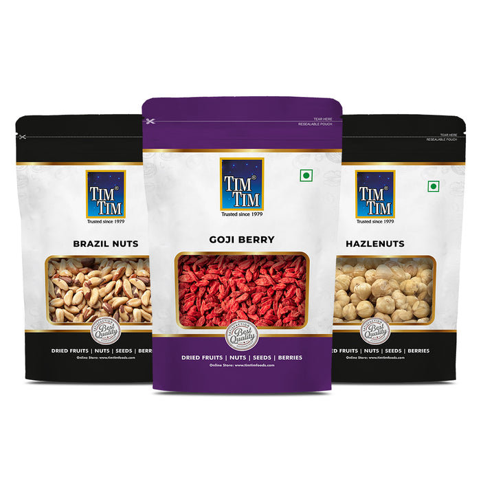 Combo pack of Hazelnuts 100g, Goji Berries 100g & Brazil Nuts 100g | Healthy & Nutritious