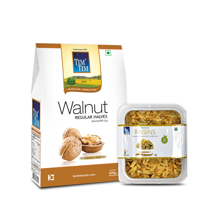 Tim Tim Walnut Regular Halves, 1Kg (250g X 4) + Get Premium Raisins (200g) FREE