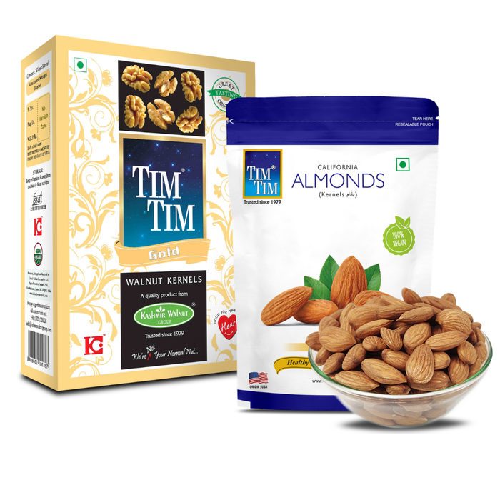 Tim Tim Foods Premium Almonds 250g & Gold Walnut Kernels 250g Combo Pack | Healthy Dry Fruits | Rich in Protein, Fiber & Nutrients | Fresh & Crunchy Nuts