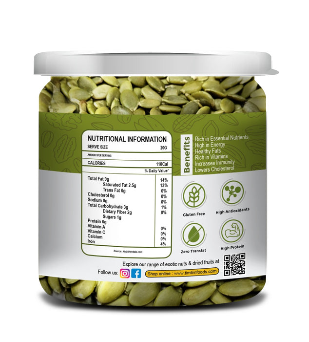 Tim Tim Pumpkin Seeds, 200g, Rich in Protein, Dietary Fibre, Magnesium & Phosphorus, Raw & Unroasted Pumpkin Seeds, Source of Iron & Zinc, Handpicked Seeds, Resealable Pack